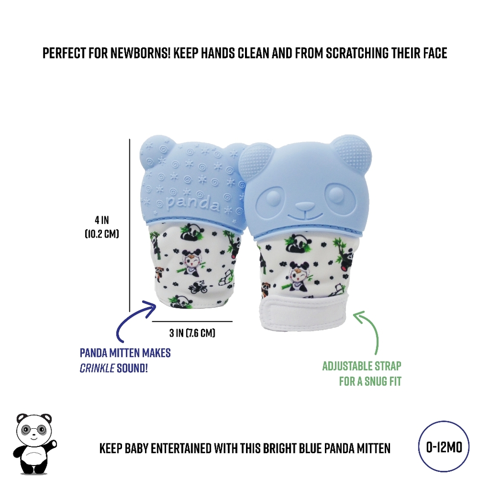 PAIR of blue panda teether mittens for newborn
